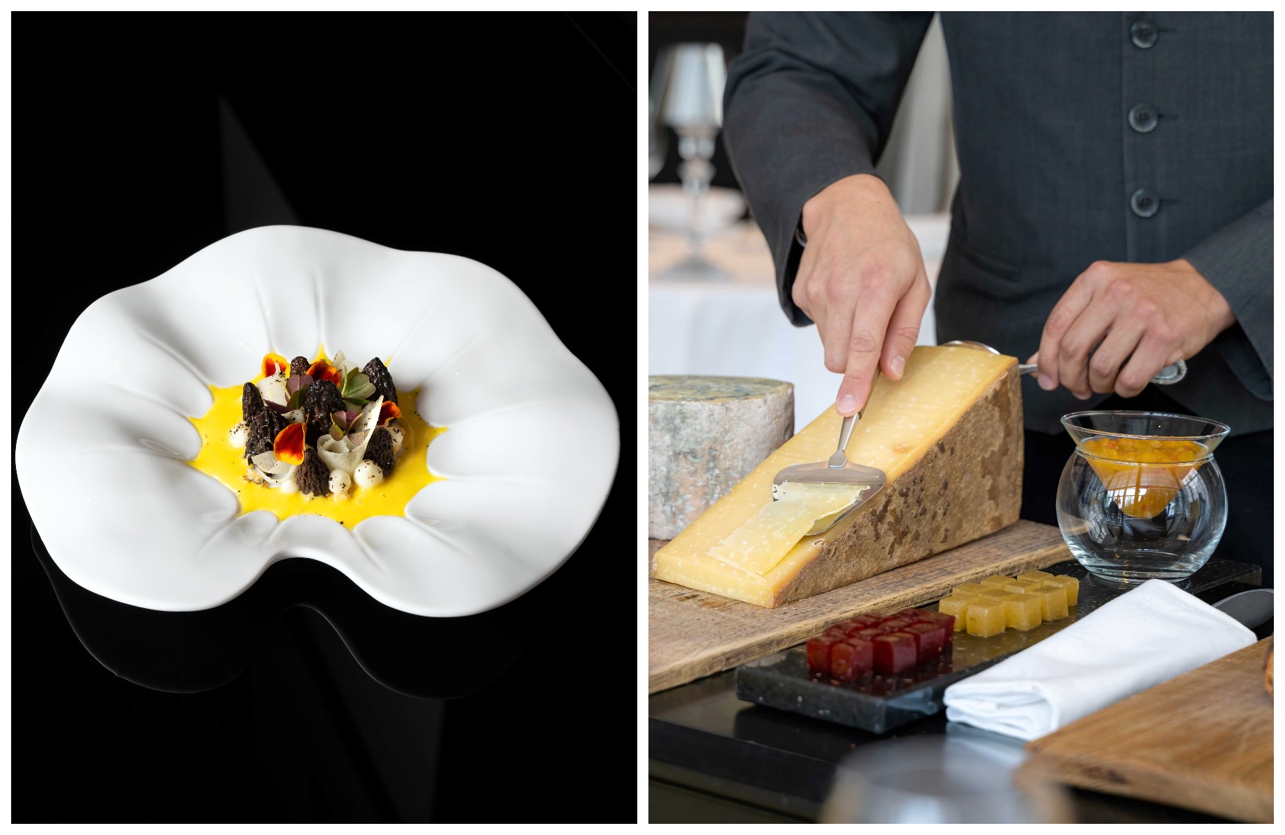 At the Trianon Palace, the chef’s table delivers an intimate look at Gabriele Ravasio’s produce-focused cooking shaped by Gordon Ramsay’s spirited influence. © (Left) Cyril Mouty/Gordon Ramsay au Trianon / (Right) Gordon Ramsay au Trianon