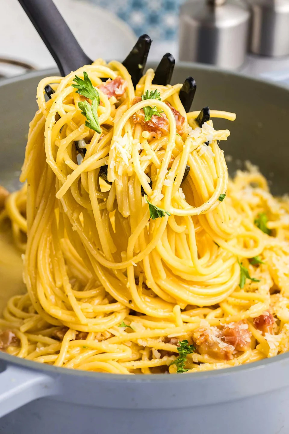 A close up shot pasta alla carbonara.