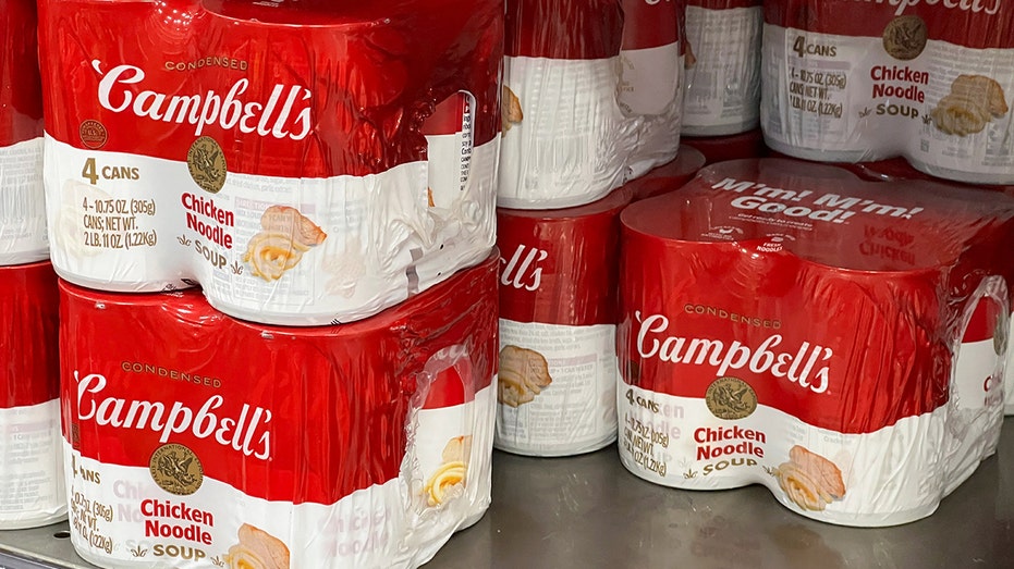 Cans of Campbell's chicken noodle soup line a supermarket shelf in Bellingham