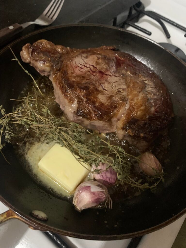 Classic ribeye, and I taught my new puppy to sit in less than hour making this and offering nibbles. Bonus puppy.