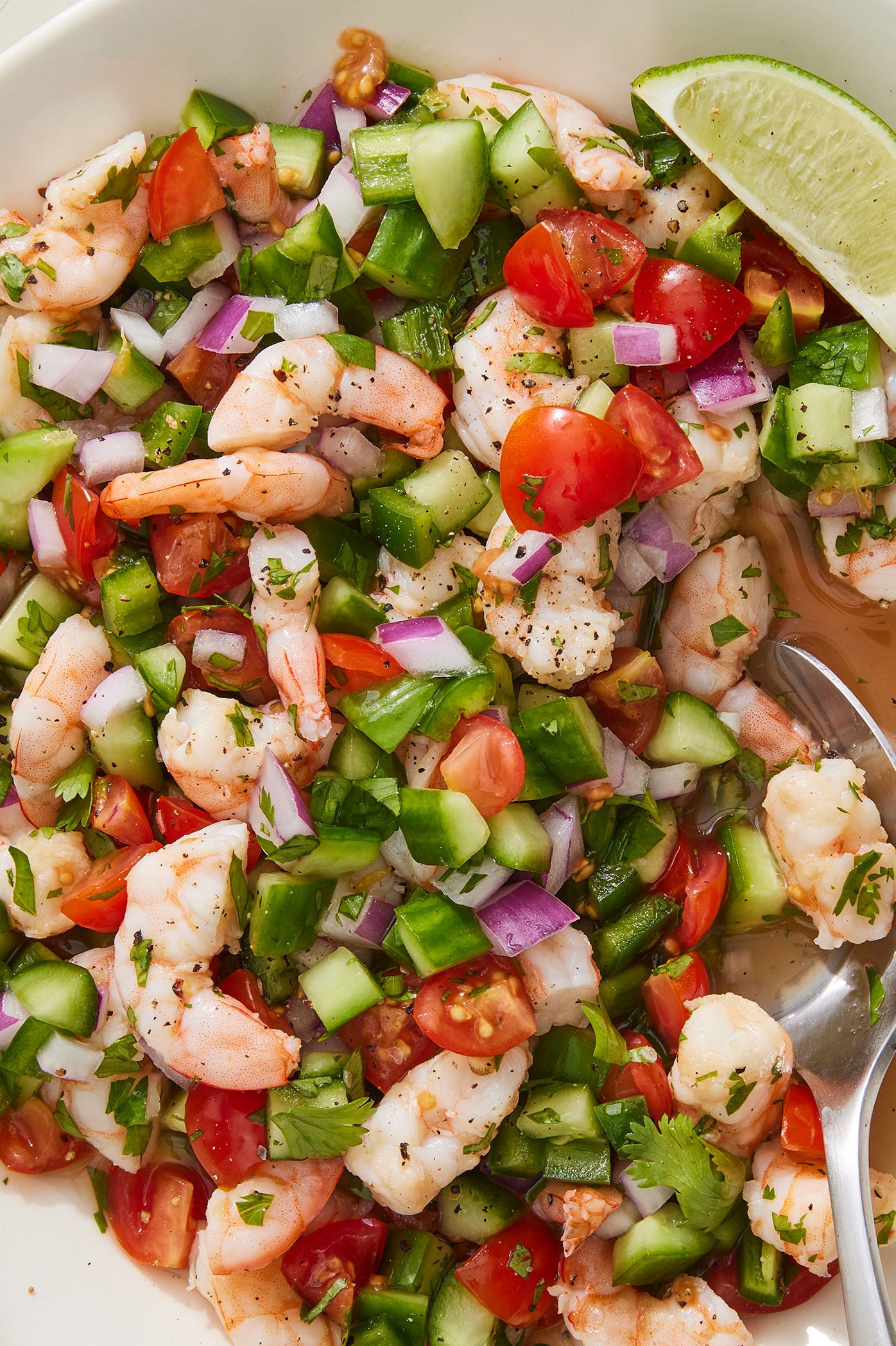 shrimp ceviche with tomatoes, cucumbers and red onion