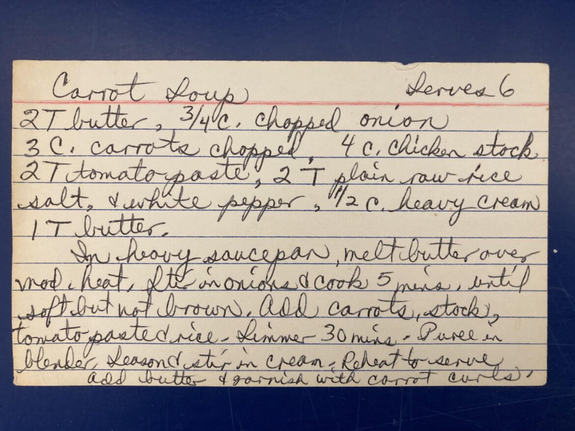 Carrot soup recipe found stuck in a cookbook.