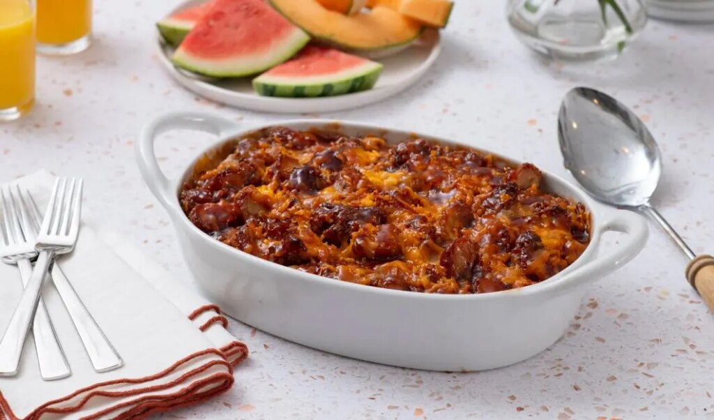 Chicken and Egg Breakfast Casserole A white ceramic dish of savory Chicken and Egg Breakfast Casserole on a table next to silverware