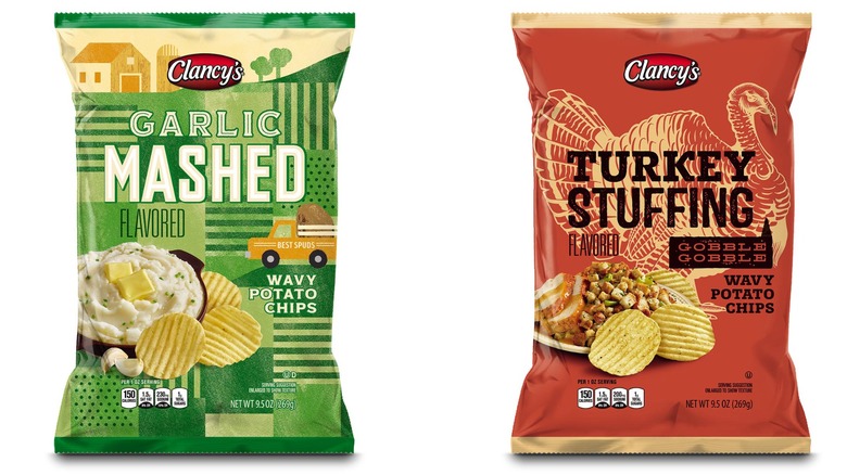 Bags of Clancy's garlic mashed and turkey stuffing potato chips from Aldi