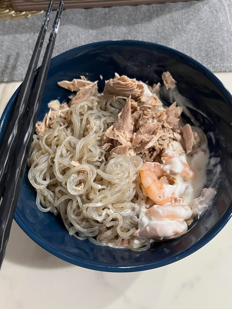 Creamy tuna shrimp noods 163 cal, 27g protein