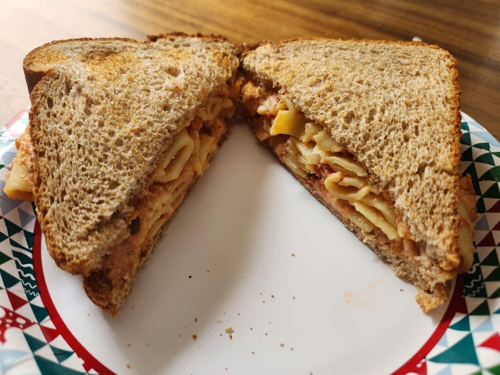 Leftover Baked Ziti on Lightly Toasted Wheat