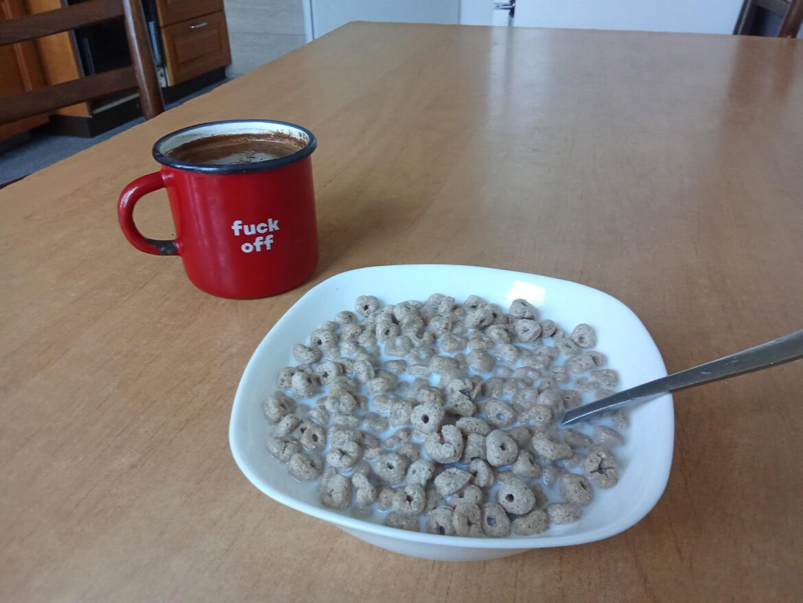 The lighting in the kitchen produced the world's most depressing photo of a bowl of cereal