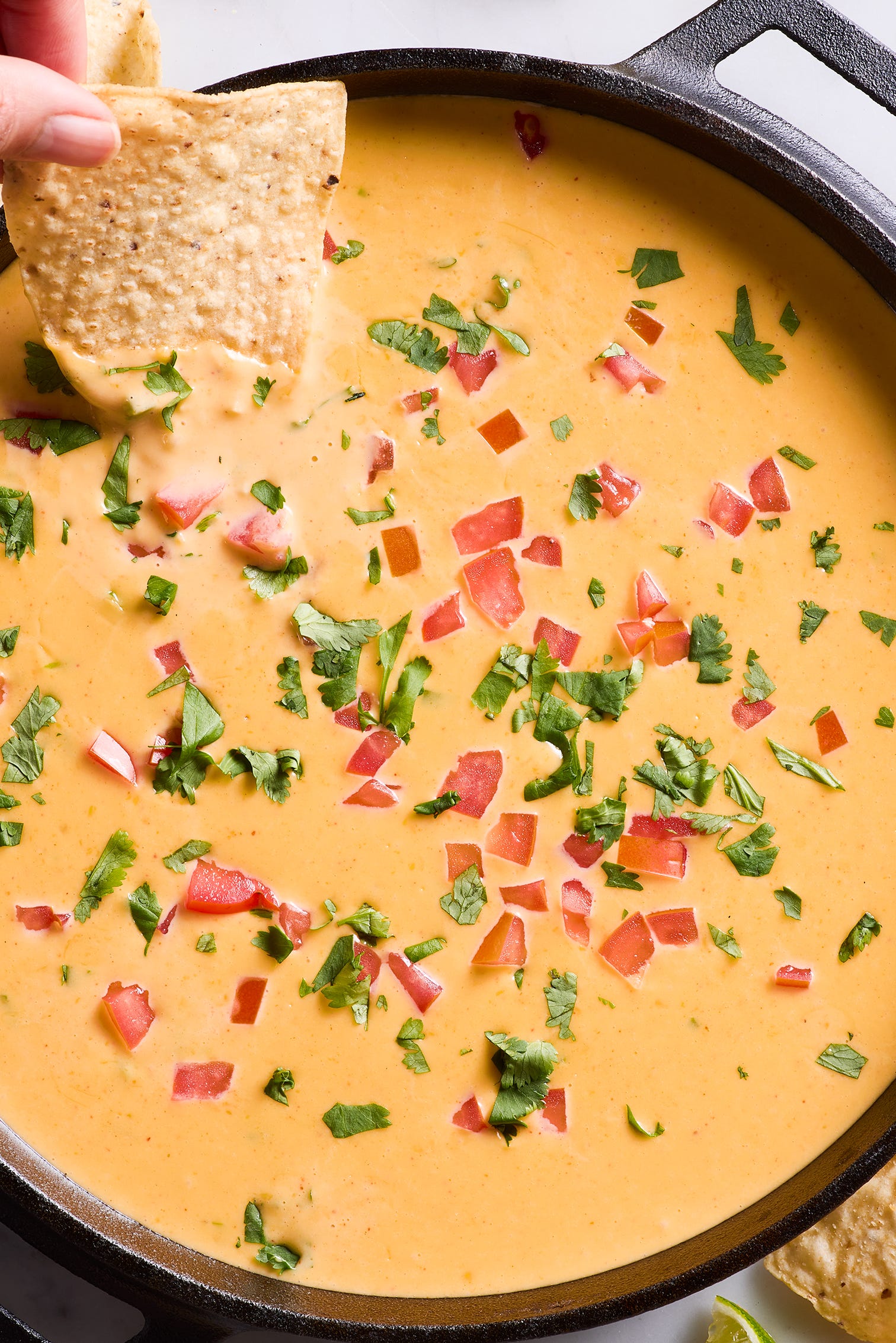 queso in a cast iron skillet with tortilla chips