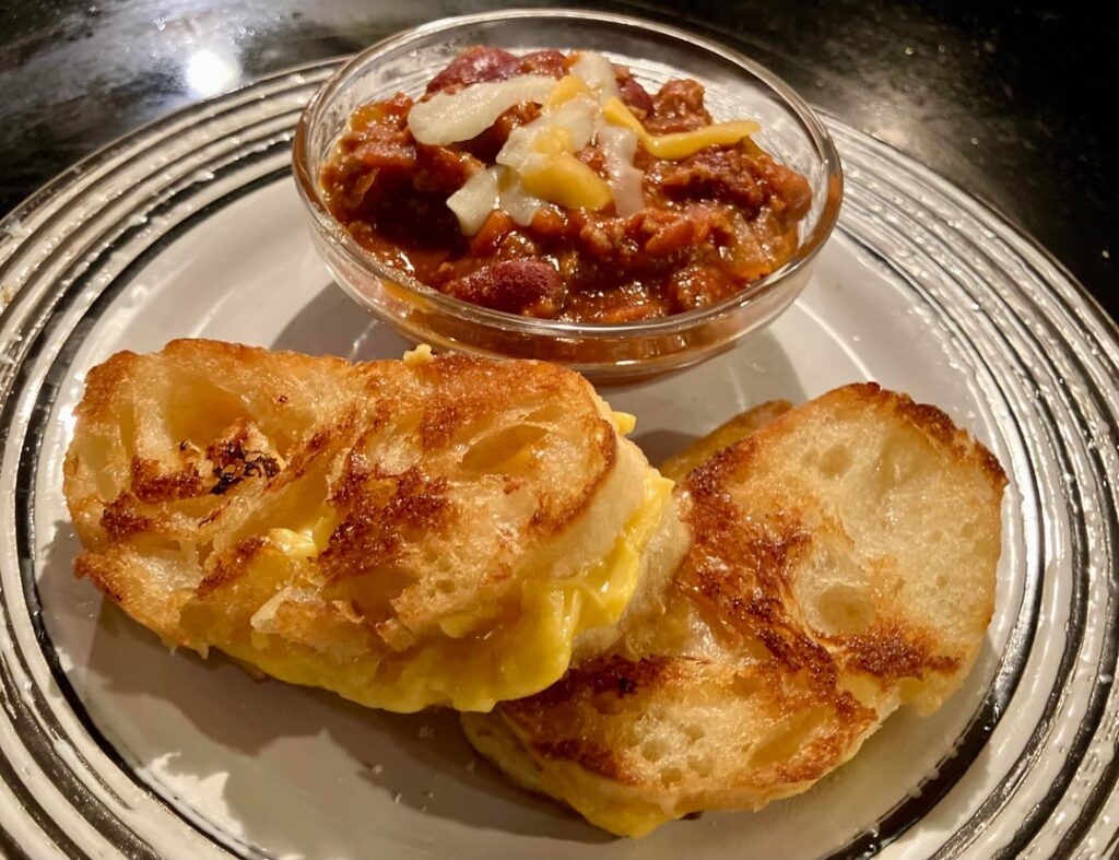 Mini grilled cheese on a baguette + homemade chile