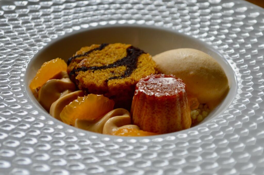Pumpkin & Black Cocoa Cake, Pumpkin Flan, Salted Caramel Cremeux, Persimmon & Mandarin Gelato