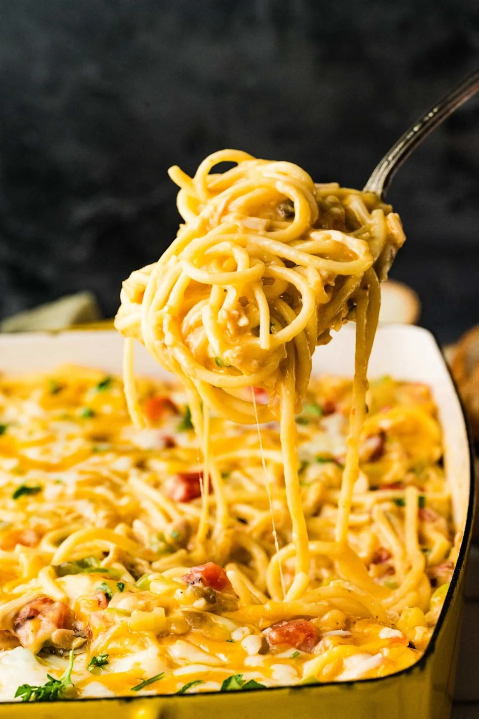 A close up shot chicken spaghetti casserole.