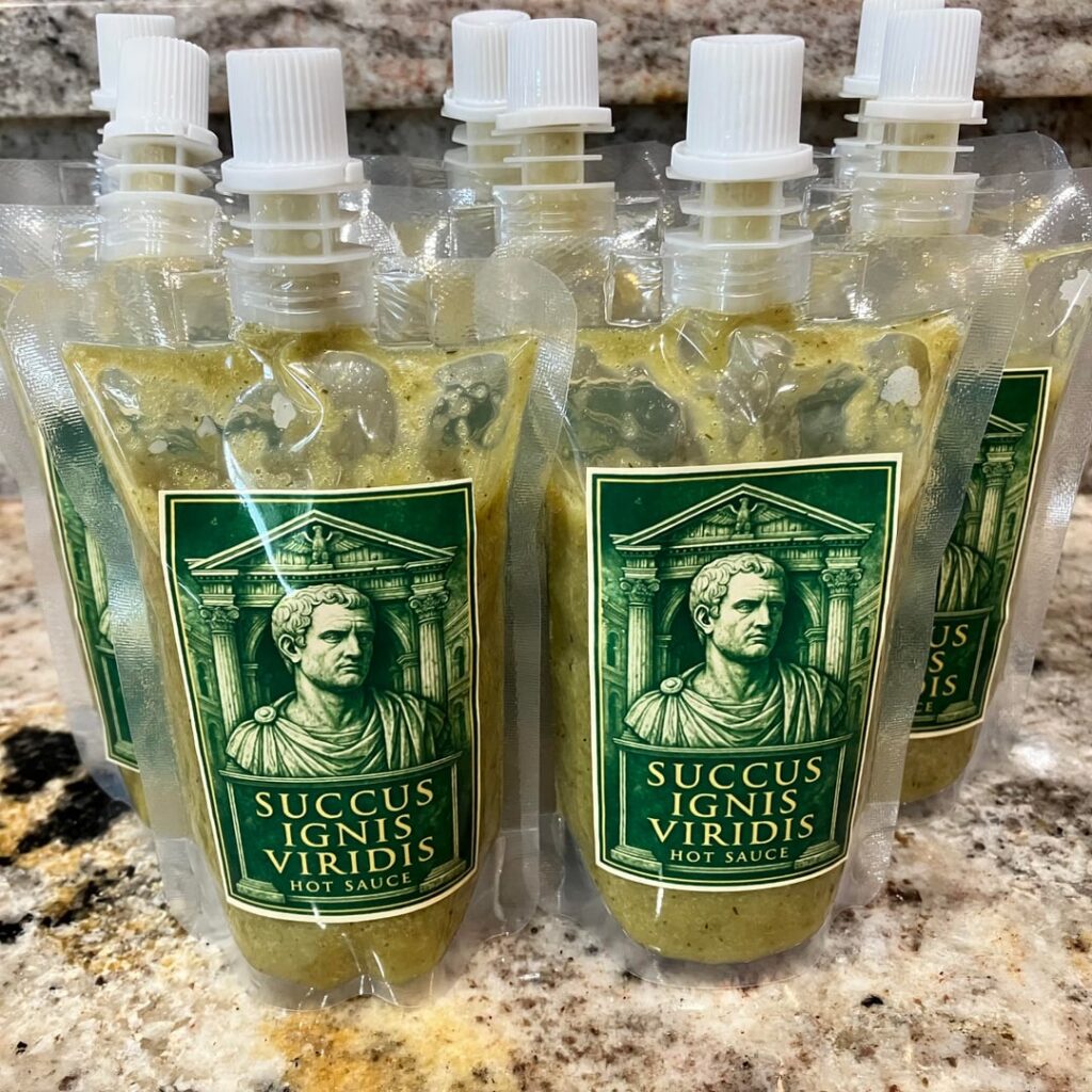 End-of-season green pepper sauce! Mix of all of my pepper plants picked before the first freeze, so it’s different every year.