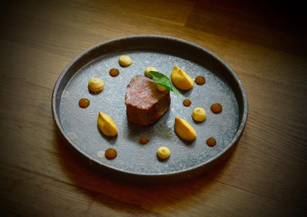 Iberico Presa, Yellow Romesco, Kuri Pumpkin, Persimmon Jam, Albariño