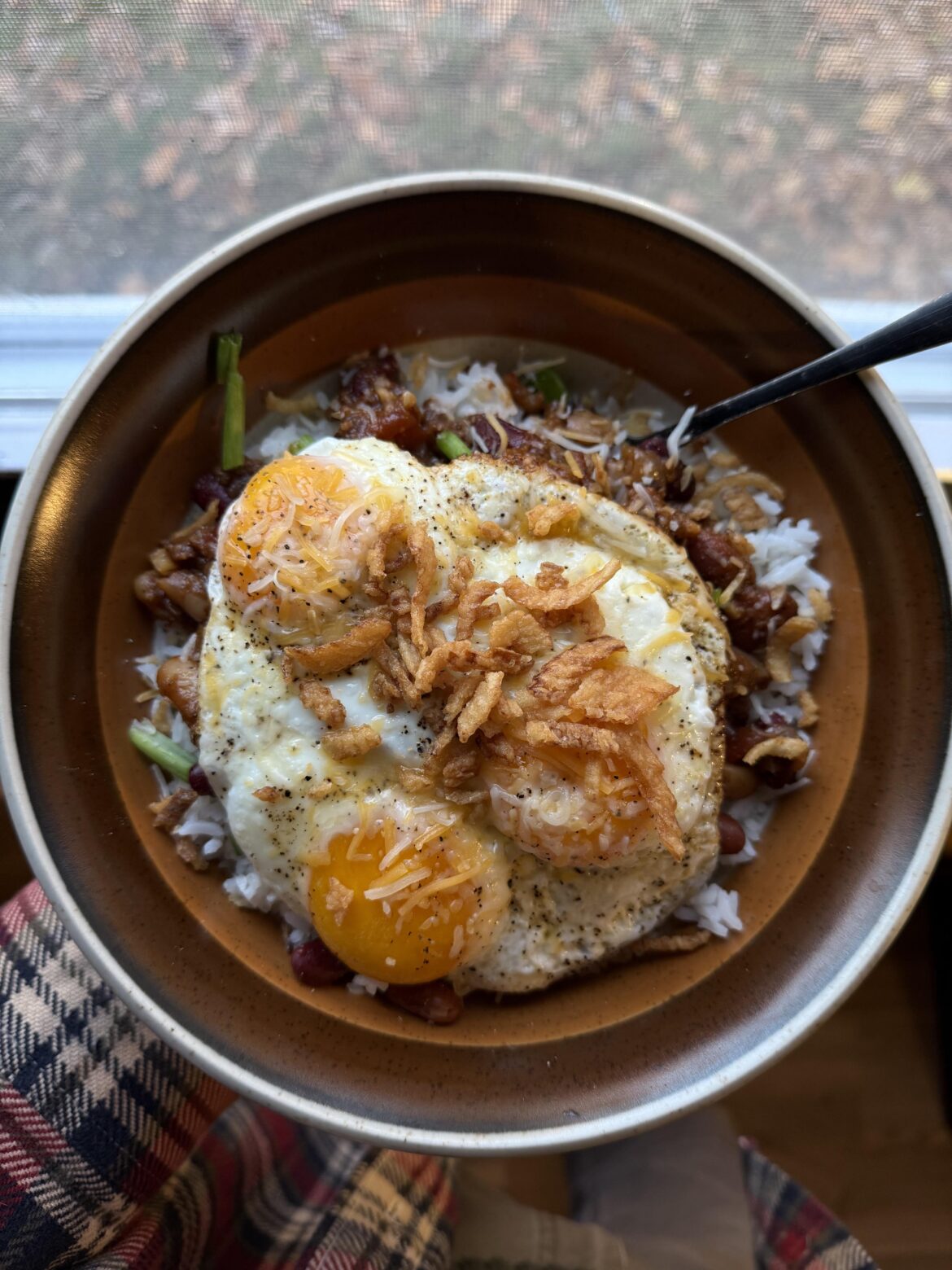 Wanted some rice and eggs this morning and remembered last night’s chili dinner 😮‍💨