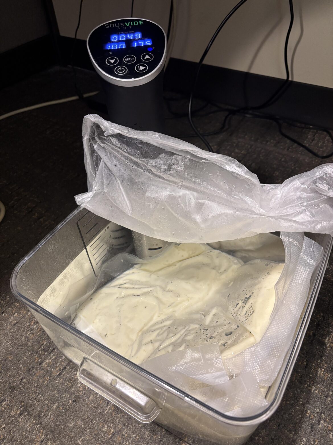 Sous vide mashed potatoes at work