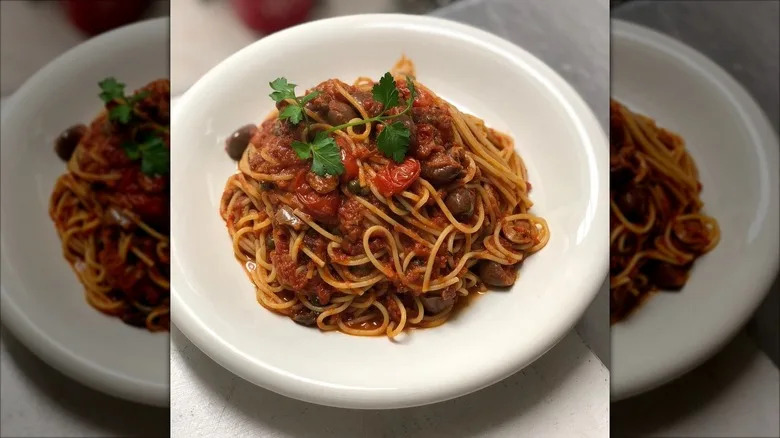 Spaghetti puttanesca on a white plate