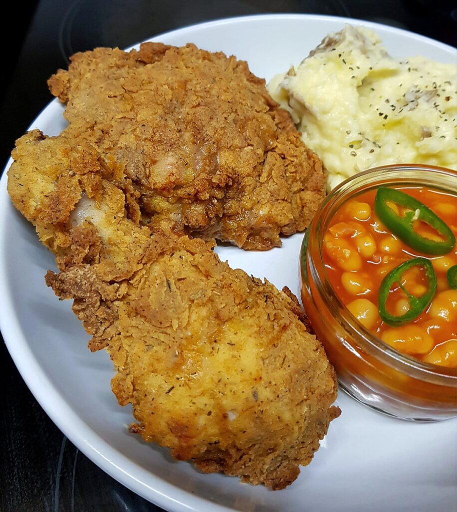 KFC Keeps Disappointing Me, So I Made My Own. Fried Chicken, Skin on Mash and Spicy Beans. And a Drink, Of Course.