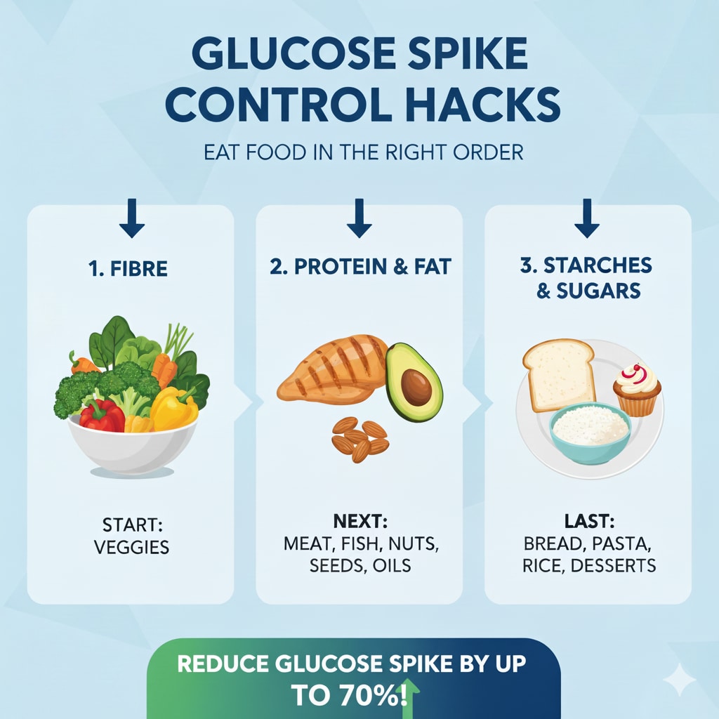 Follow this order of eating food to manage glucose spikes.(Image generated via Google Gemini)