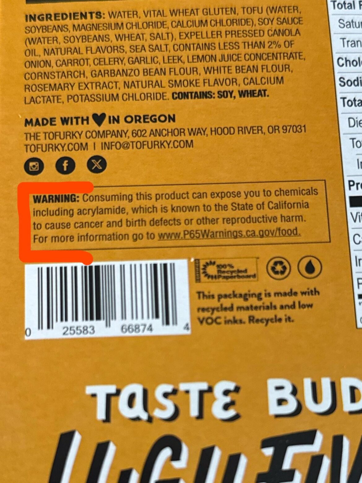 Prop 65 warning on Tofurky plant-based deli slices.