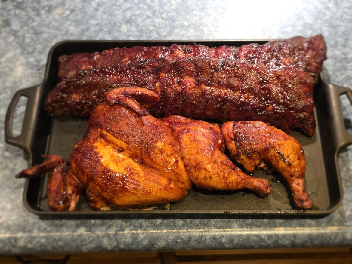 Smoked chicken and ribs.