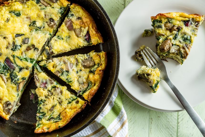 Food scraps can be tucked into savory dishes such as this spinach mushroom frittata.