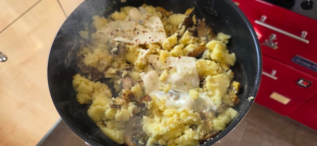Leftover machen potatoes, mushrooms, 2 eggs and 2 slices of "cheese"