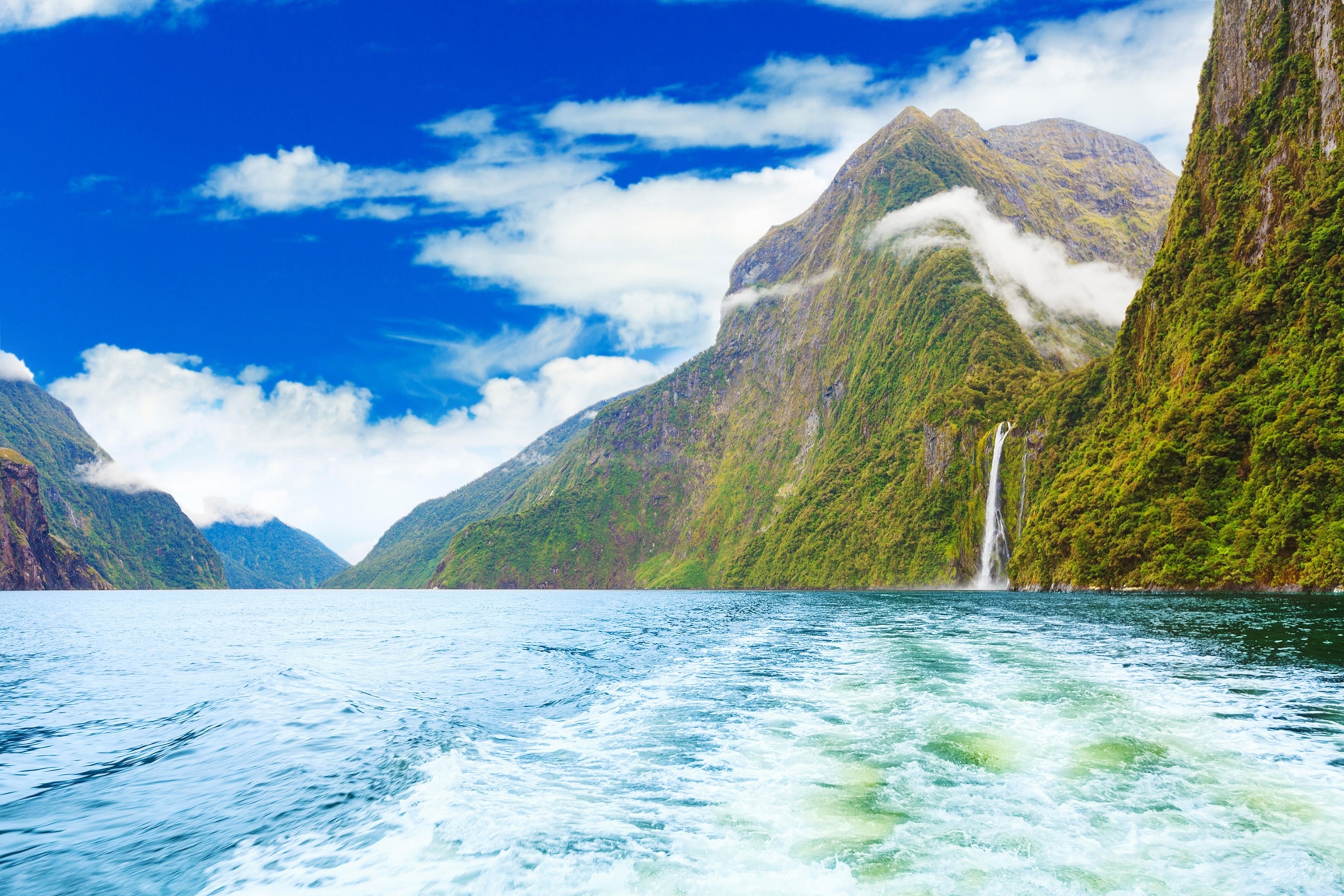 a waterfall in New Zealand's Fjordlands.