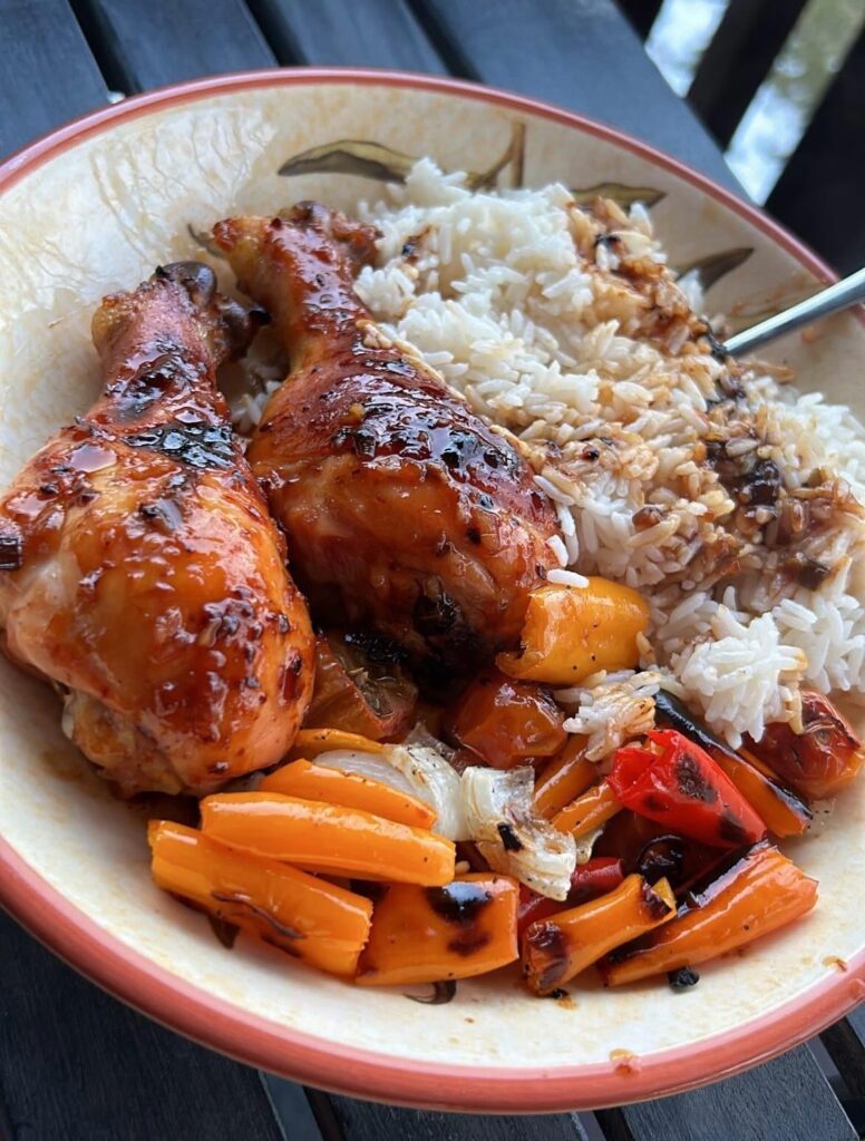 teriyaki chicken drumsticks, roasted peppers and onions, and jasmine rice!