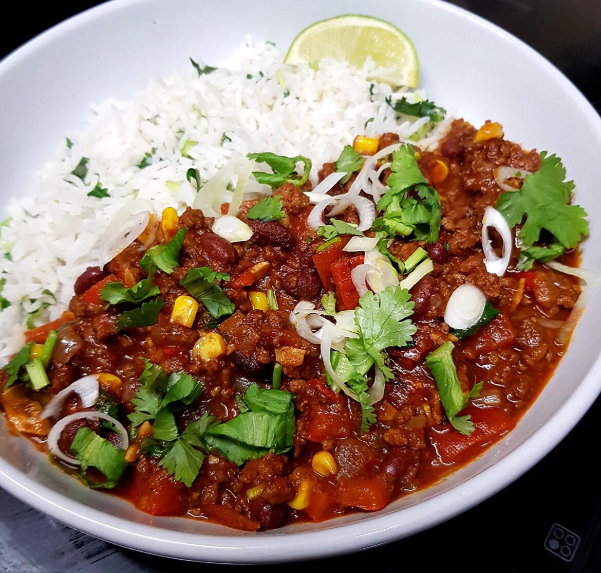 A Very Spicy Chilli Con Carne with Lime Rice. Had Bread too But Forgot to Photograph.