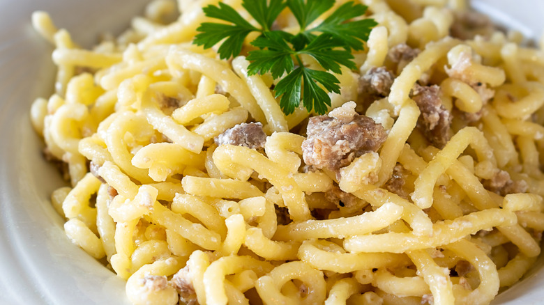 Gramigna pasta tossed with cheese and mushrooms