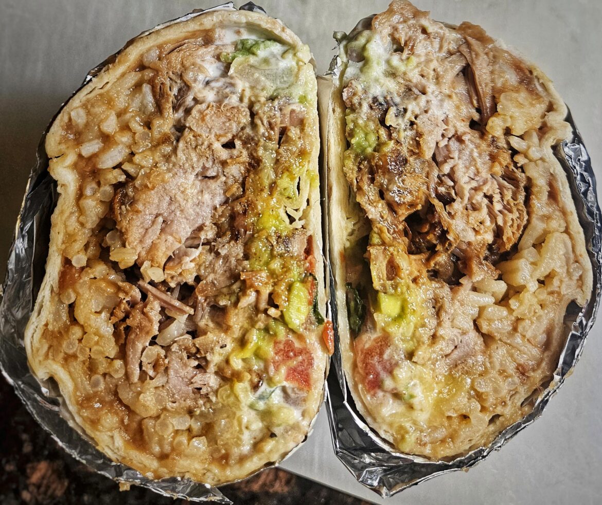 Homemade carnitas burrito