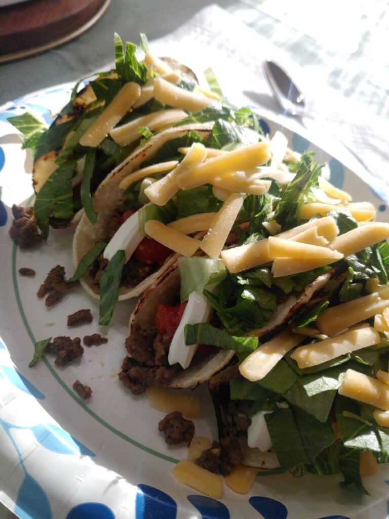 Salsa Verde Beef Tacos! w/sour cream, guacamole, cheese and salsa