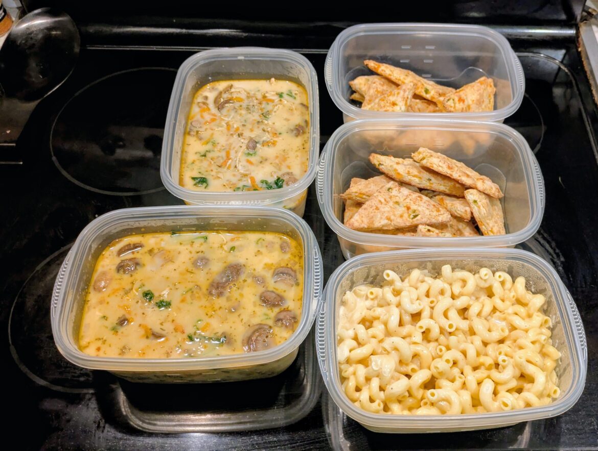 Creamy chicken & wild rice soup, jalepeno cheddar scones, and protein mac & cheese