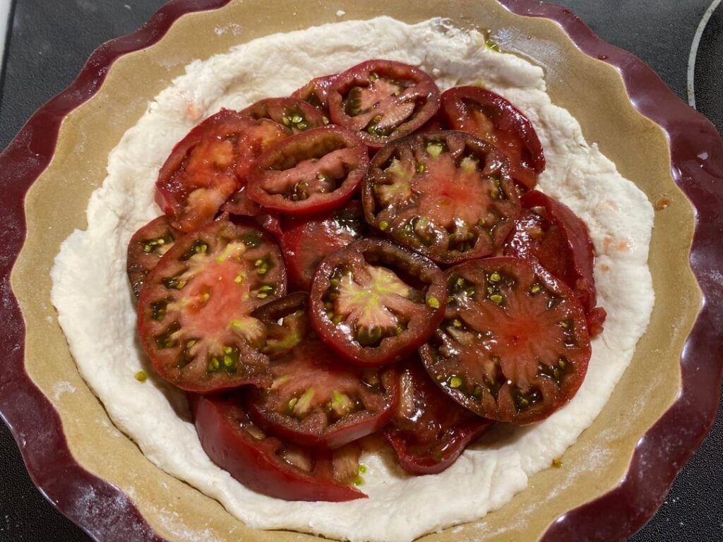 Still eating from the garden in Wisconsin. Tomato pie with biscuit crust