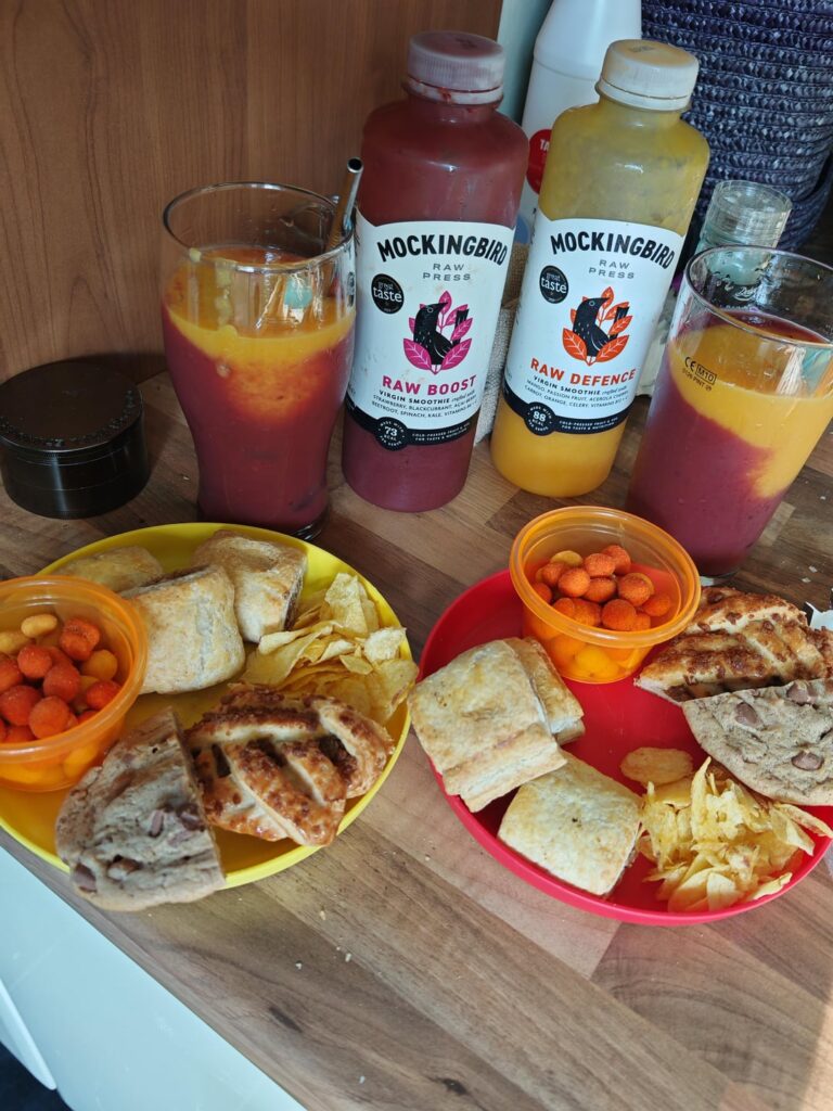 A nearly all beige plate of munchies for tea. How good are the new Wotsit and Dorito coated nuts!!