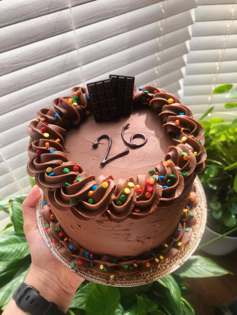 Made myself a chocolate cake with pistachio and kataifi filling for my 26th birthday!