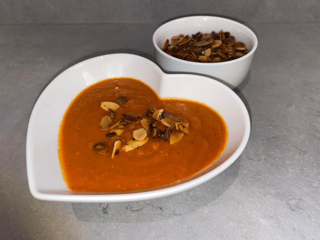 Love this ‘Roasted Tomato, Red Pepper & Aubergine Soup’, which is a real winter warmer. Inspired from a Catalonian recipe called ‘Escalivada’ from Ottolenghi’s ‘Comfort’ cookbook.