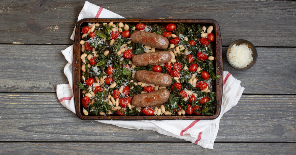 Sheet-Pan Italian Sausage with Kale, Cannellini Beans and Tomatoes