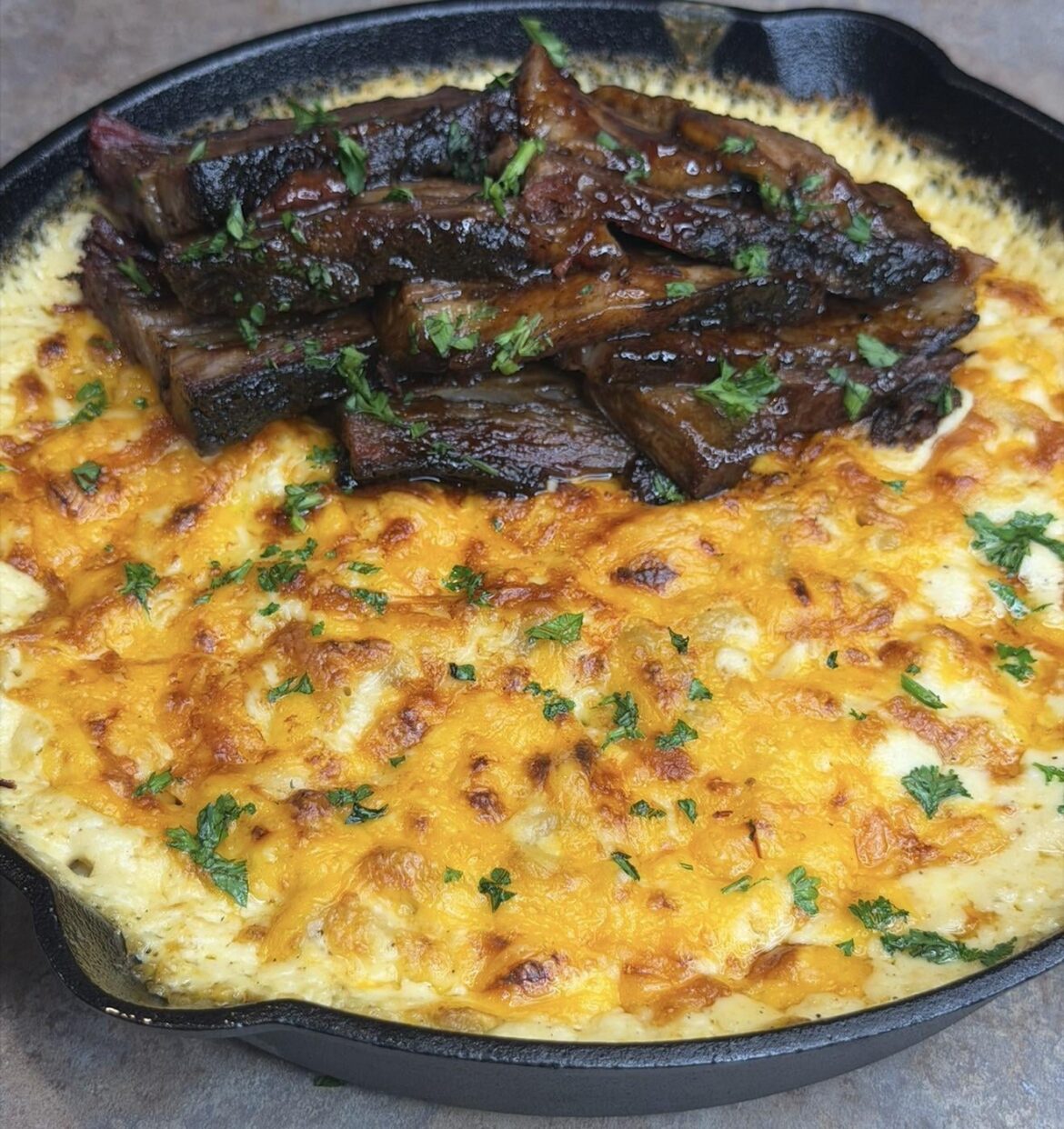 Smoked Brisket on Skillet Mac and Cheese