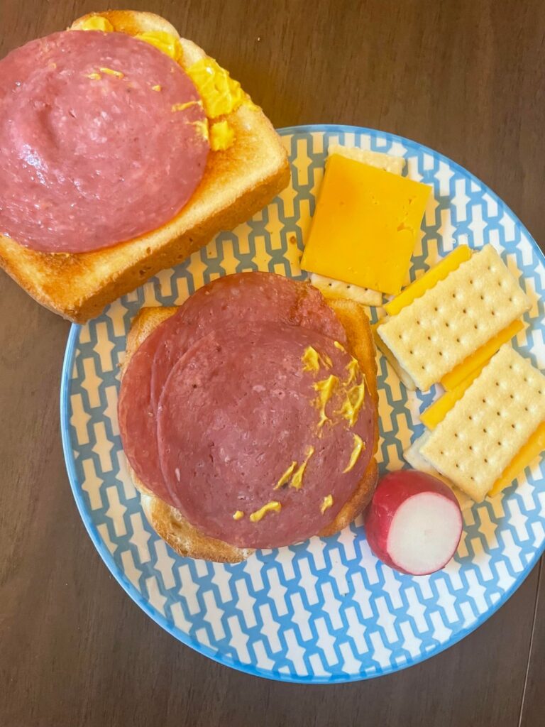 Hard salami on toast with mustard, cheese and crackers and a fucking radish