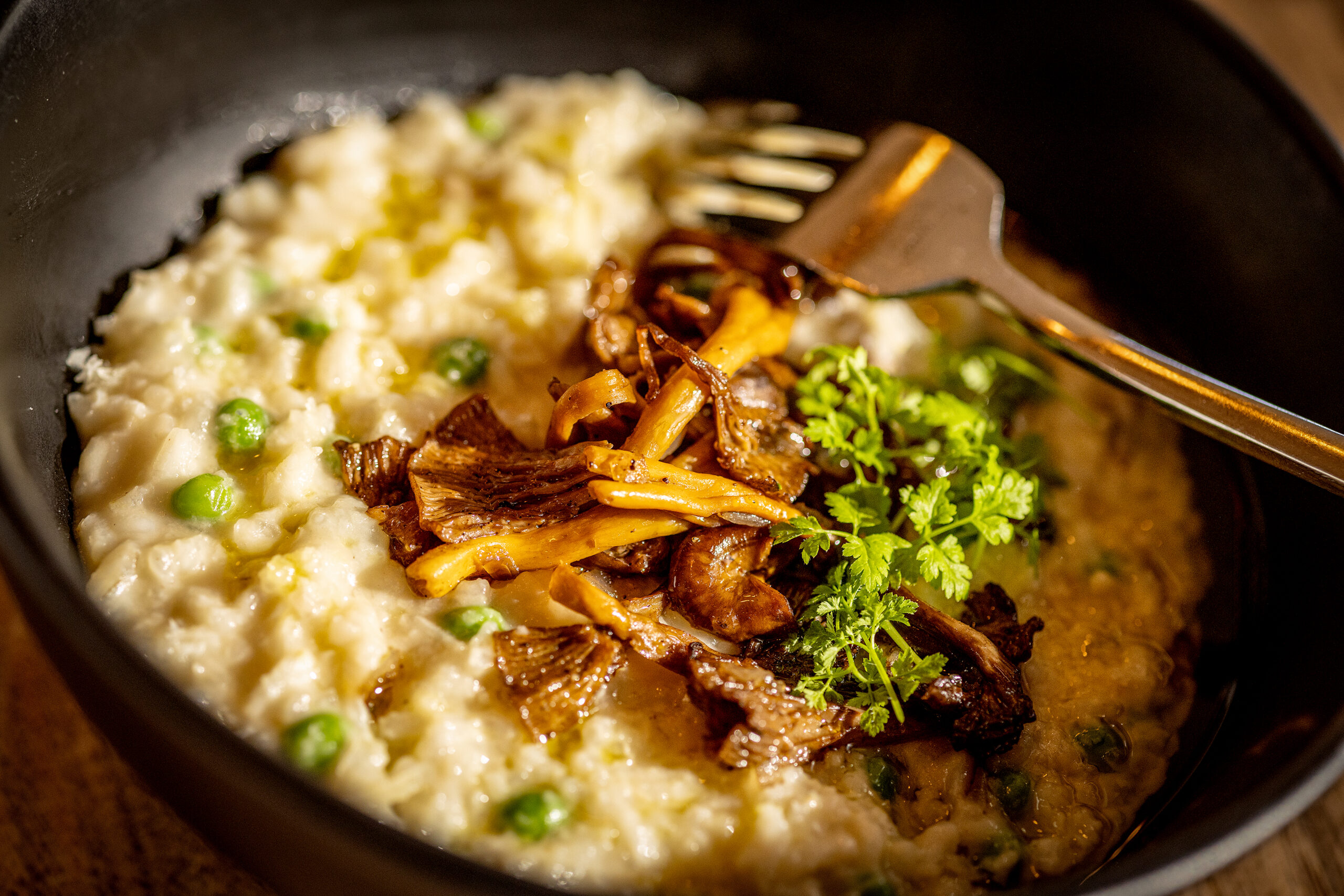 Farm Oyster Mushroom Risotto with English peas, lemon oil and parmesan from the Sea Ranch Lodge restaurant Friday, February 21, 2025, on the northern Sonoma coast. (John Burgess / The Press Democrat)