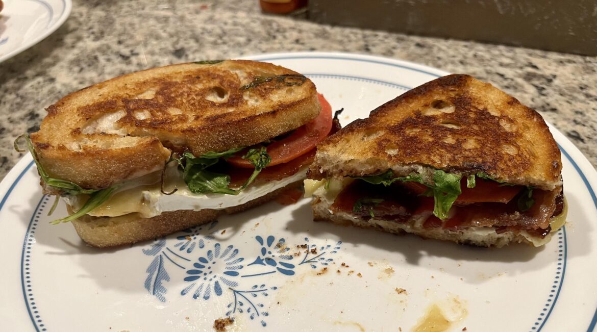 Maple brown sugar bacon BrieLT with apple butter on toasted sourdough