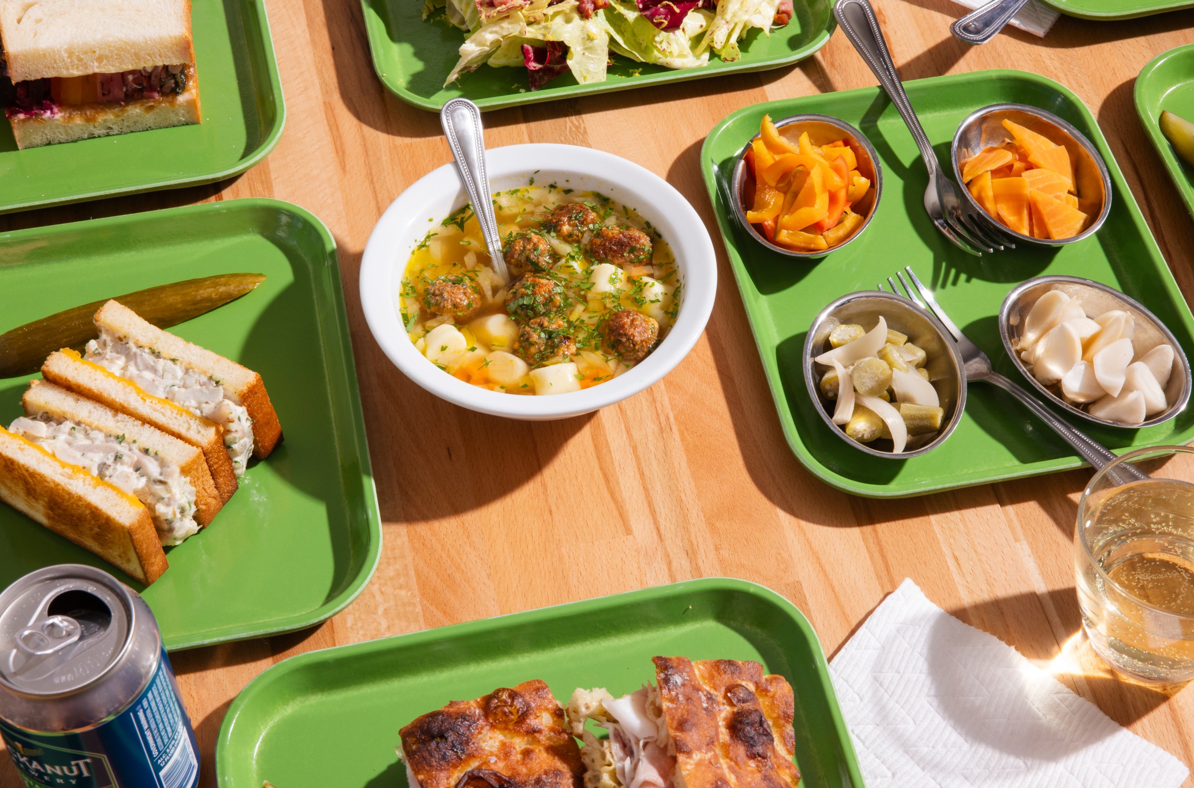 Jewish wedding soup and sides at Dream Deli in Portland, Oregon.