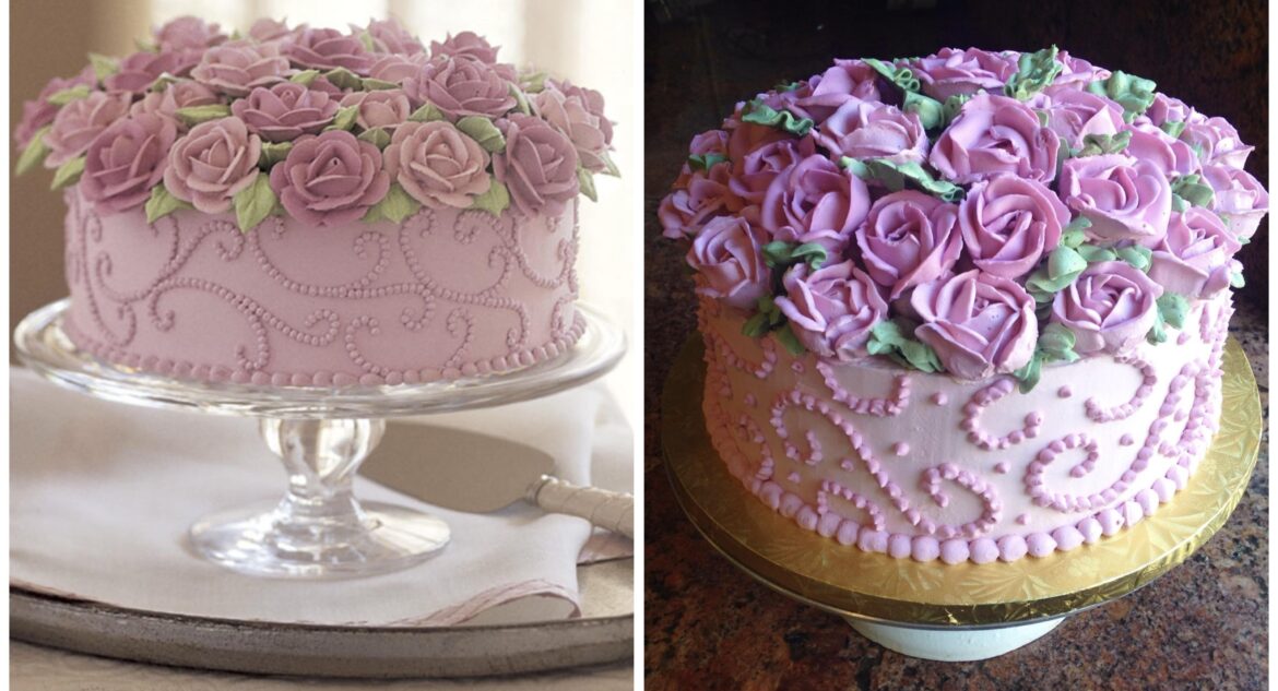 I had an old school Wilton’s cake decorating book. The example cake left, my rendition on the right. How did I do?