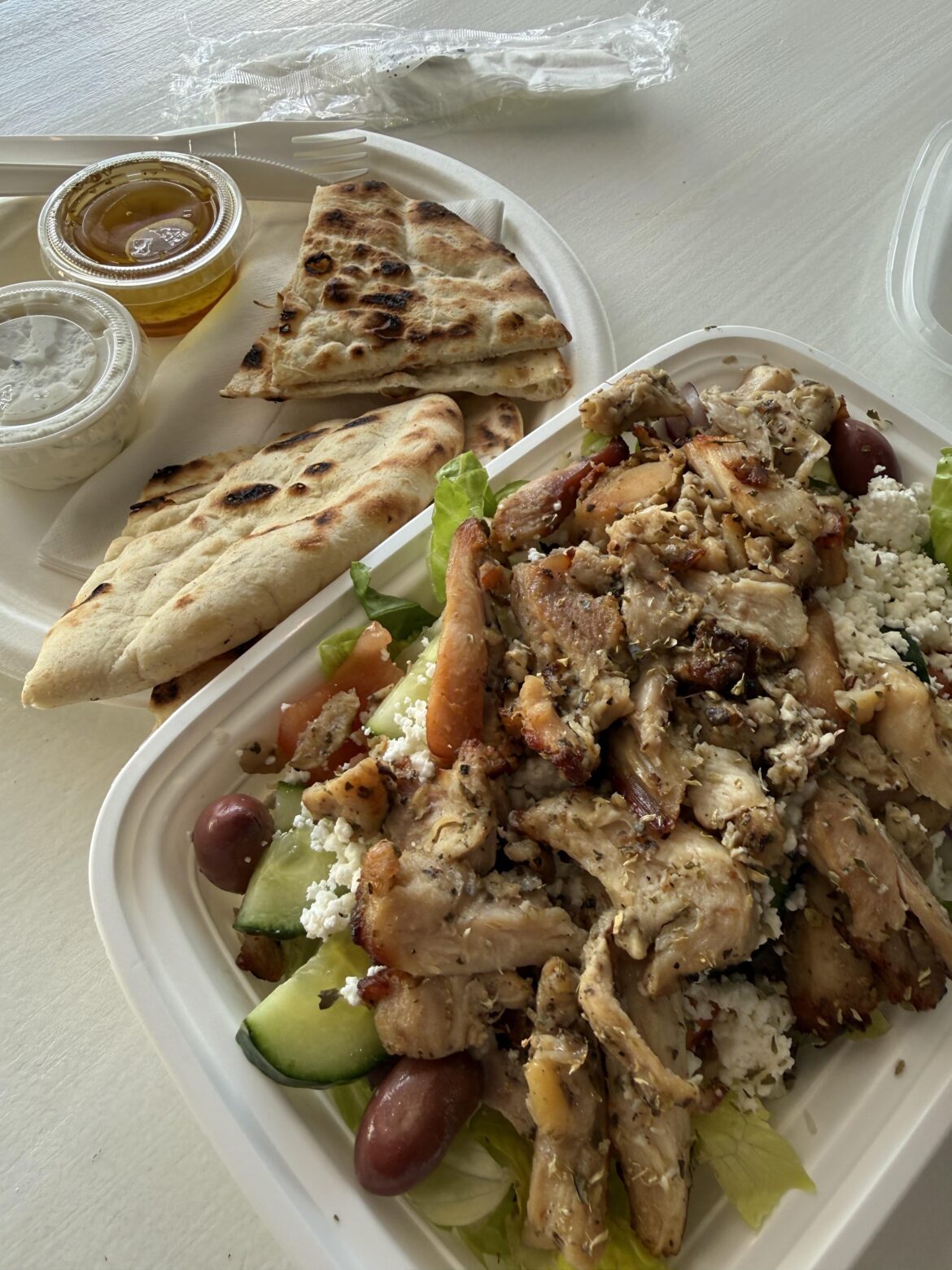 Large Greek Salad with Chicken Gyro from the Greek Table on Eglinton. Delicious. Large Greek Salad with Chicken Gyro from the Greek Table on Eglinton. Delicious.