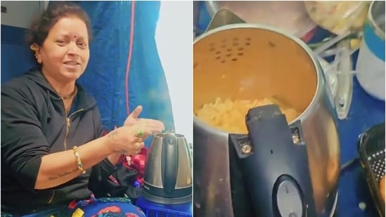 The woman, speaking in Marathi, showed Maggi cooking in the kettle.(Screengrab/@WokePandemic)