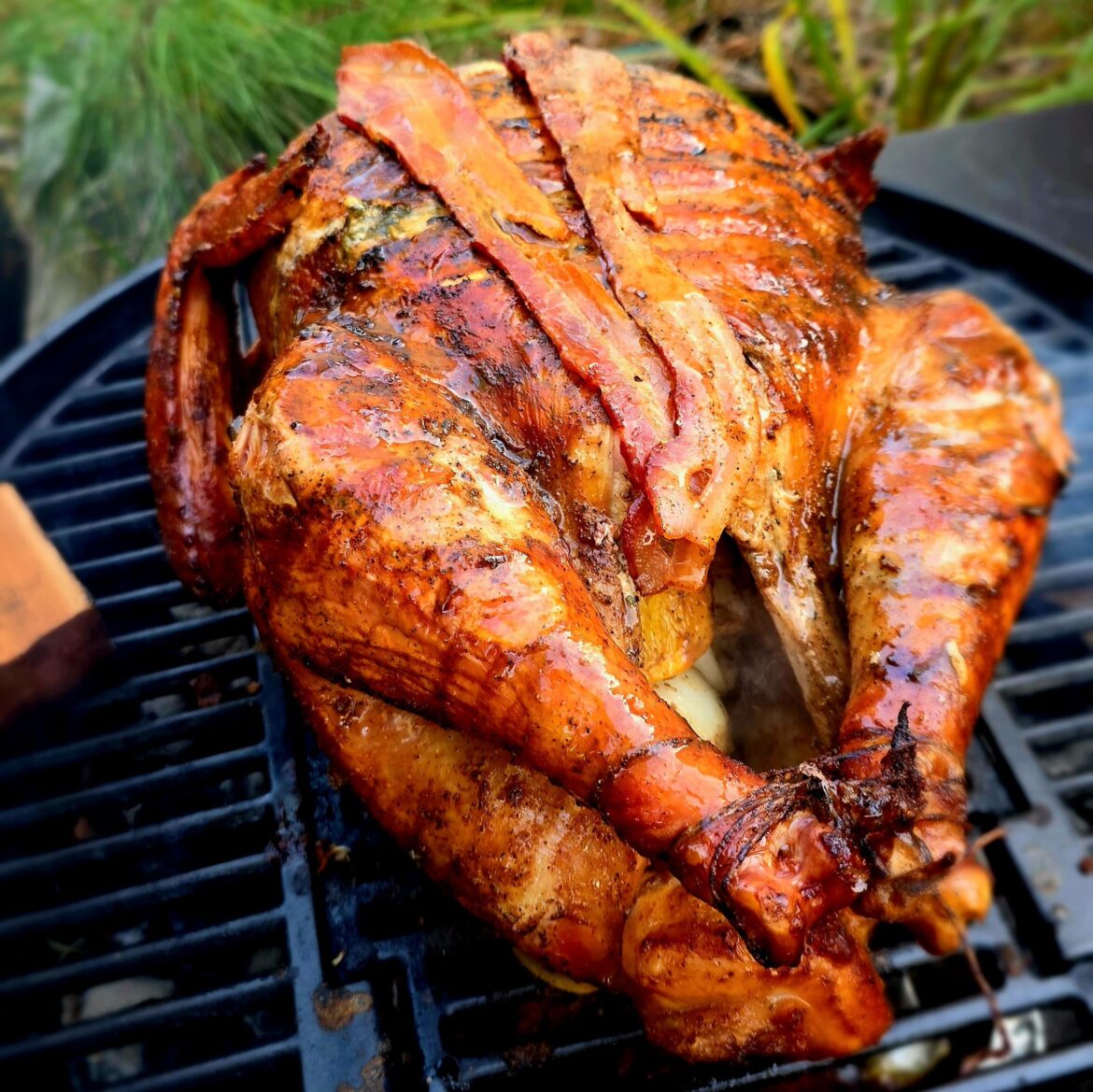 My bird this year. 22lb. 4.5 hours. Compound butter slammed up the skin. Breast down for 4 hours.