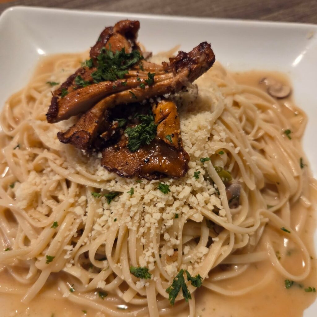 Mushroom “piccata” linguine two ways. Mushroom "piccata" linguine two ways.