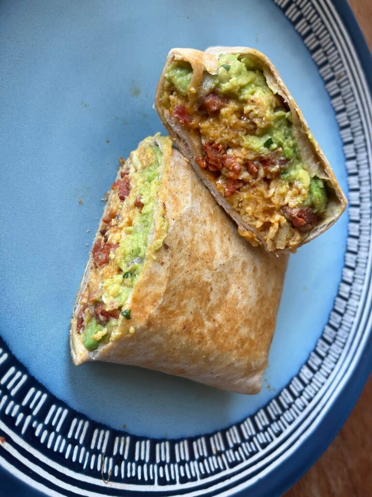 Chorizo and guacamole breakfast burrito on Mission carb balance whole wheat tortilla