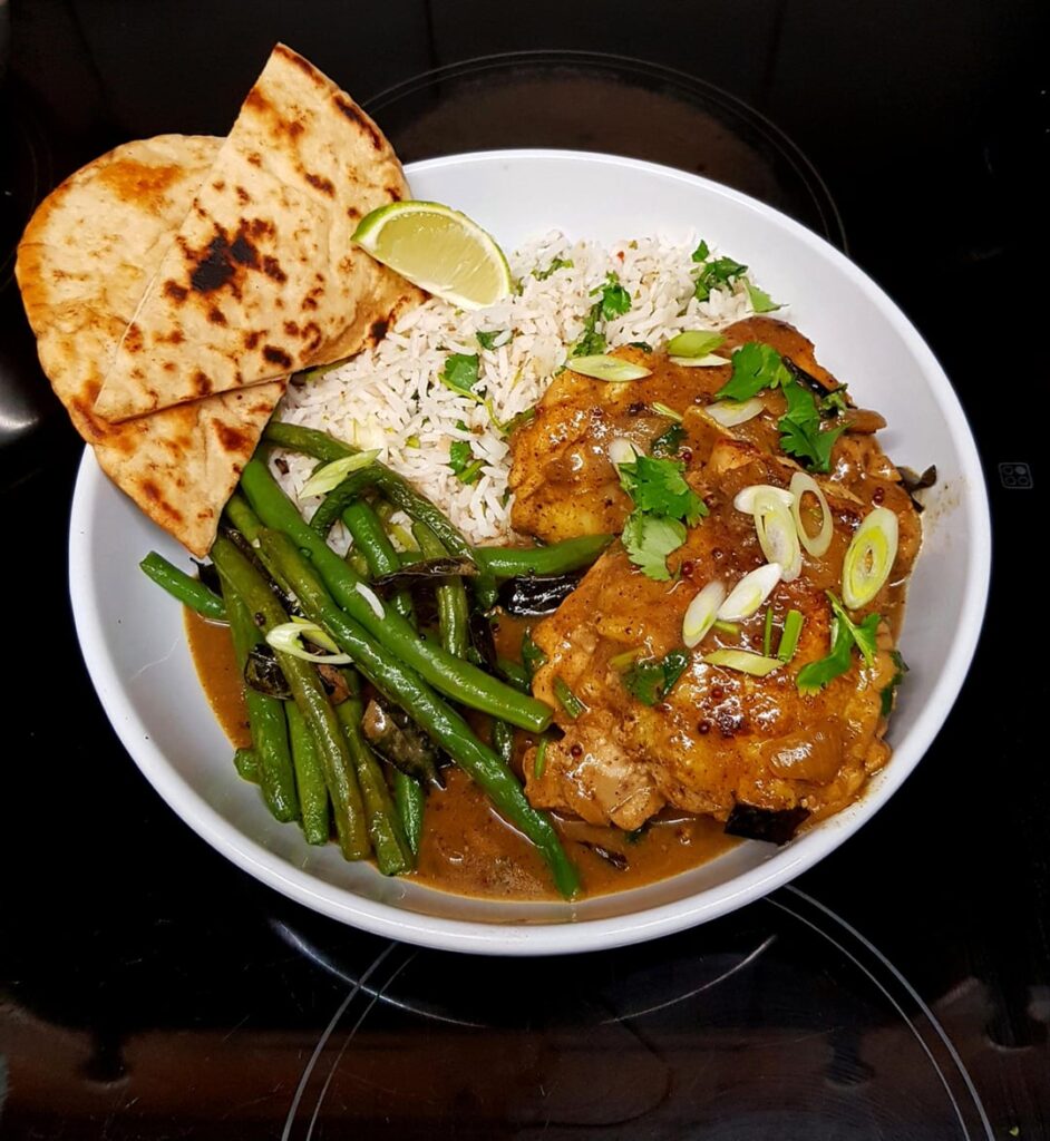 From Scratch. Xacutti Chicken Curry with Coconut Lime Chilli Rice, Flatbread and Garlic Green Beans with Mustard Seed & Curry Leaf Browned Butter.